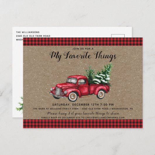 Carte Postale Camion et sapin de Noël Mes choses préférées de fê (Devant / Derrière)