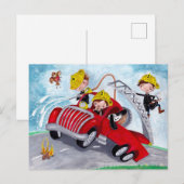 Carte Postale Camion feu rouge avec pompiers mignons garçons (Devant / Derrière)