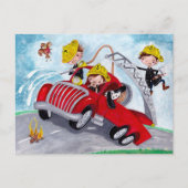 Carte Postale Camion feu rouge avec pompiers mignons garçons (Devant)