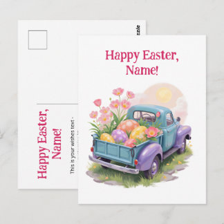 Carte Postale Camion Rétro Sarcelle et Violet avec Œufs de Pâque