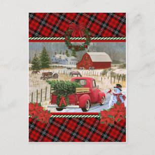 Carte Postale camion rouge de noël sur la peinture de ferme à ch