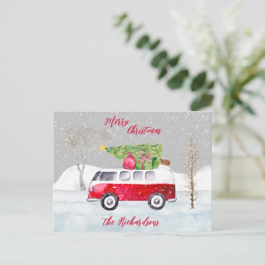 Carte Postale Camion rouge Joyeux Noël gris (Debout devant)