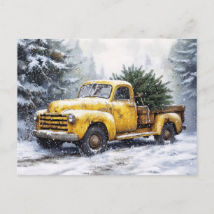 Carte Postale Camionnette Jaune Vintage de Noël