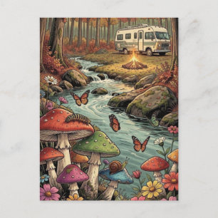 Carte Postale Camper Rétro, Champignons, Ruisseau et Fleurs