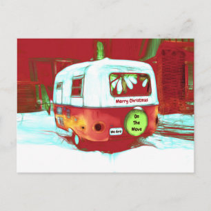 Carte Postale Camper Retro Noël Rouge Vert Vintage Déménagement