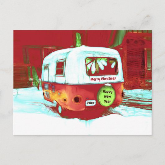 Carte Postale Camping Retro Noël Rouge Vert Vintage (Devant)