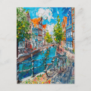 Carte Postale Canal avec vélos et maisons colorées peinture