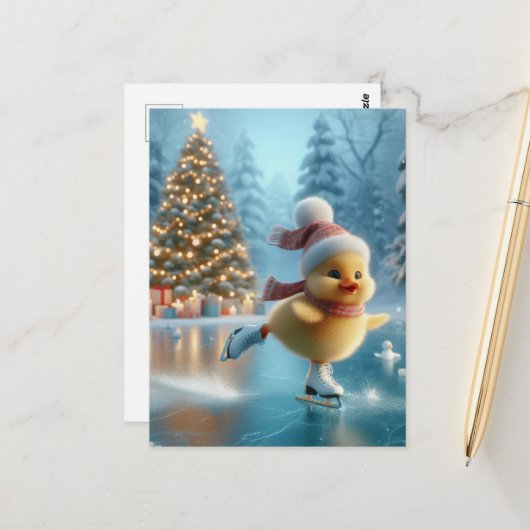 Carte Postale Canard de Noël patinant sur glace (Devant/Arrière en situation)