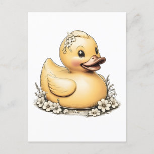 Carte Postale Canard en caoutchouc Cottagecore avec accents flor