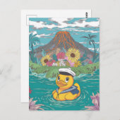 Carte Postale Canard en caoutchouc devant un volcan (Devant / Derrière)