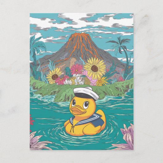 Carte Postale Canard en caoutchouc devant un volcan (Devant)