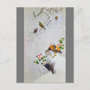 Carte Postale Canard Mandarin en scène de neige, Watanabe Seitei