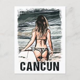 Carte Postale Cancun vintage Mexico Surfer Girl Sur La Plage