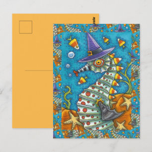 CARTE POSTALE CANDY CORN SEAHORSE, SOUS LA MER HALLOWEEN FISH