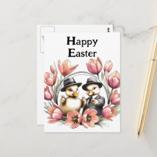 Carte Postale Canetons de Pâques vintage mignons drôles en costu