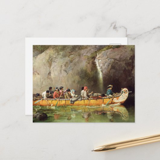 Carte Postale Canoë manipulé par les Voyageurs traversant une ca (Devant/Arrière en situation)