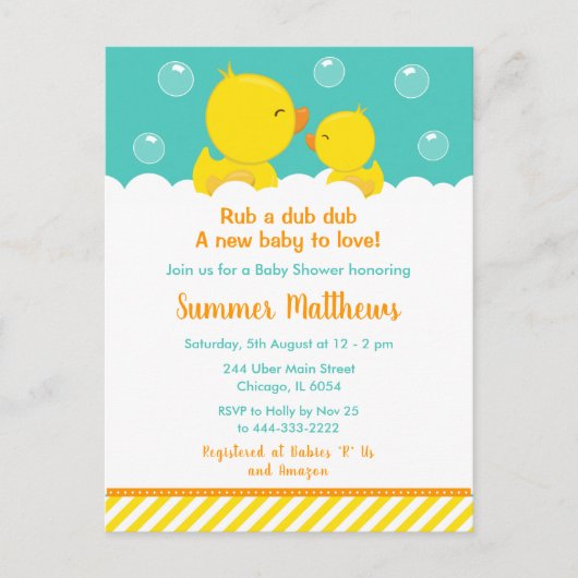 Carte Postale Caoutchouc Baby shower jaune et vert (Devant)