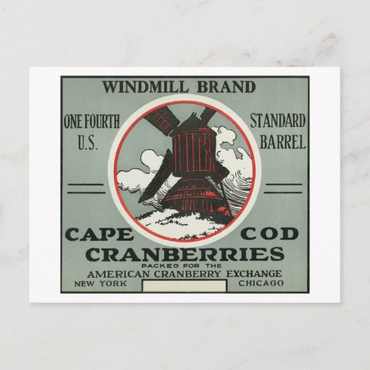 Carte Postale Cape Cod Windmill Marque Cranberry Étiquette (Devant)