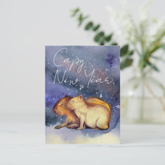 Carte Postale Capy Nouvel An Aquarelle Cute Capybara Baby & Mama (Debout devant)