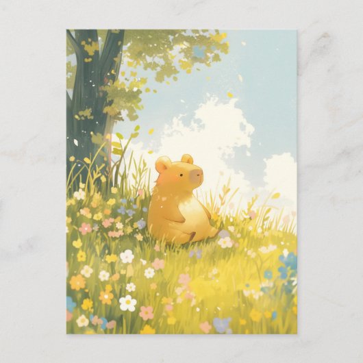 Carte Postale Capybara assis dans une prairie de fleurs sauvages (Devant)