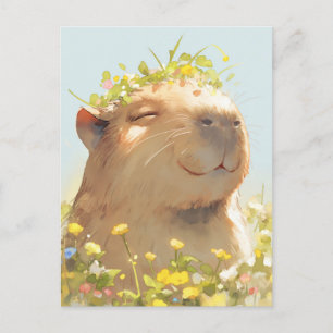 Carte Postale Capybara avec couronne de fleurs sauvages vertes d