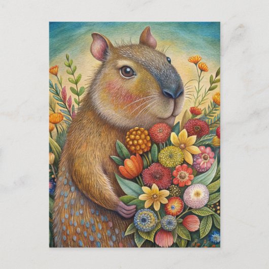 Carte Postale Capybara avec des fleurs drôle et mignon (Devant)