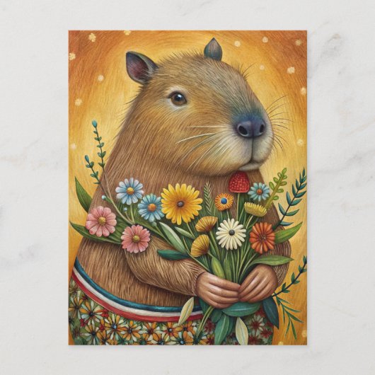 Carte Postale Capybara avec fleurs art folklorique (Devant)
