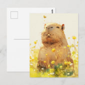 Carte Postale Capybara avec Papillon dans une Prairie de Fleurs  (Devant / Derrière)