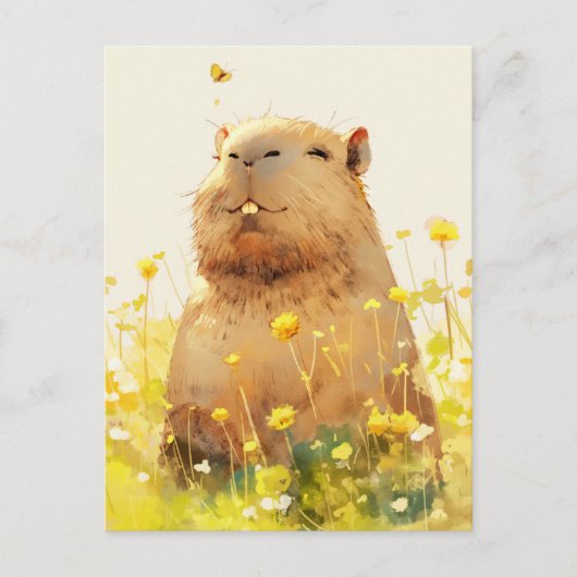 Carte Postale Capybara avec Papillon dans une Prairie de Fleurs  (Devant)
