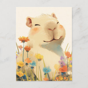 Carte Postale Capybara dans un jardin coloré de fleurs sauvages