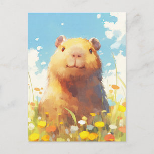 Carte Postale Capybara dans une prairie de fleurs sauvages jaune