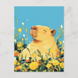 Carte Postale Capybara dans une prairie d'été aux fleurs jaunes