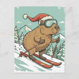Carte Postale Capybara drôle en ski Noël Sports d'hiver Amour