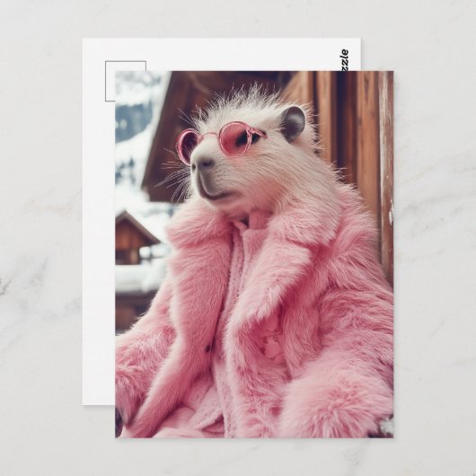 Carte Postale Capybara élégant en fourrure rose et lunettes de s (Devant / Derrière)