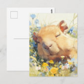 Carte Postale Capybara faisant la sieste dans une prairie de fle (Devant / Derrière)