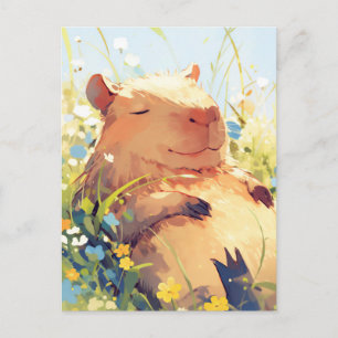 Carte Postale Capybara faisant la sieste dans une prairie ensole
