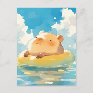 Carte Postale Capybara flottant dans une chambre à air jaune d'é