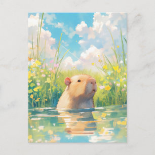 Carte Postale Capybara Nageant dans l'Étang d'une Prairie Ensole
