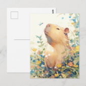 Carte Postale Capybara paisible avec petit oiseau bleu (Devant / Derrière)