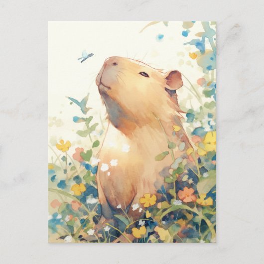 Carte Postale Capybara paisible avec petit oiseau bleu (Devant)