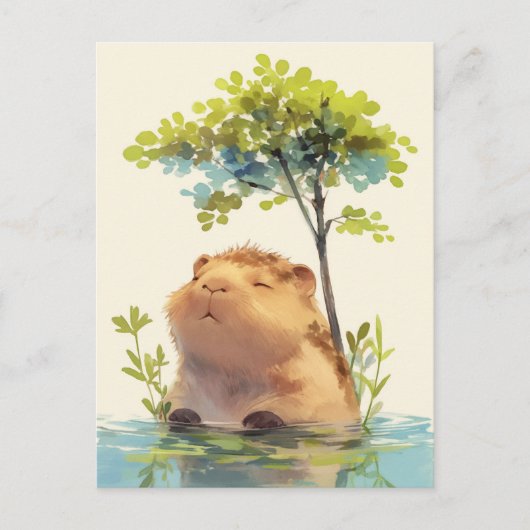 Carte Postale Capybara paisible dans l'eau sous un arbre vert (Devant)