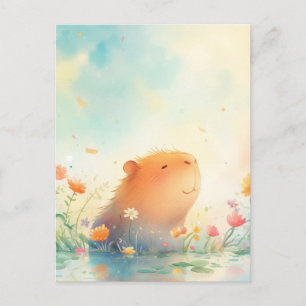 Carte Postale Capybara paisible souriant dans un étang de fleurs