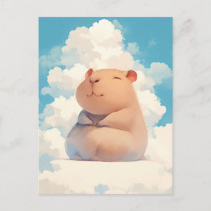 Carte Postale Capybara Souriant Assis sur un Nuage Blanc Doux