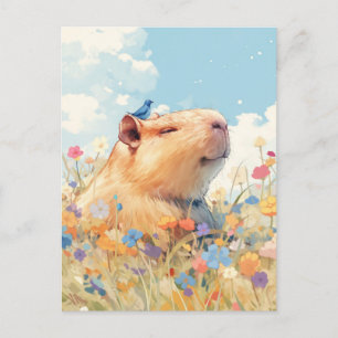 Carte Postale Capybara souriant avec oiseau bleu dans une prairi