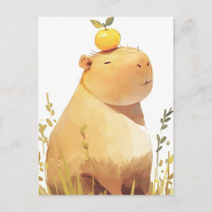 Carte Postale Capybara souriant avec un fruit yuzu jaune sur la