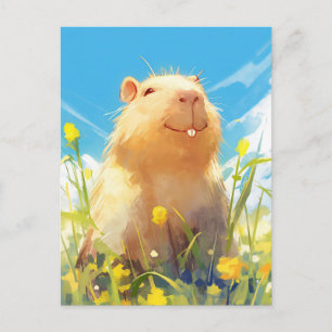 Carte Postale Capybara souriant dans une prairie ensoleillée de 