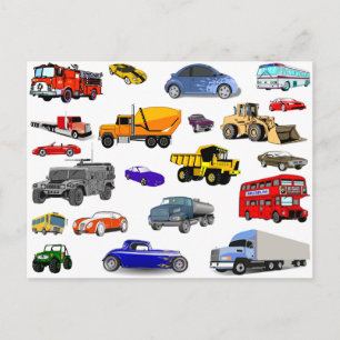 Carte Postale car truck firetruck bulldozer bus race cars more