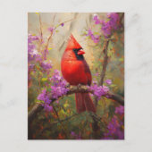 Carte Postale Cardinal aux fleurs violettes (Devant)