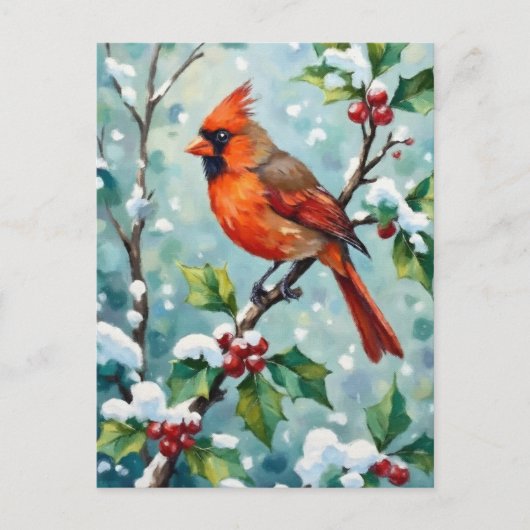 Carte Postale Cardinal de Noël sur une branche de Holly (Devant)