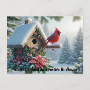 Carte Postale Cardinal d'hiver sur une maison d'oiseaux festive